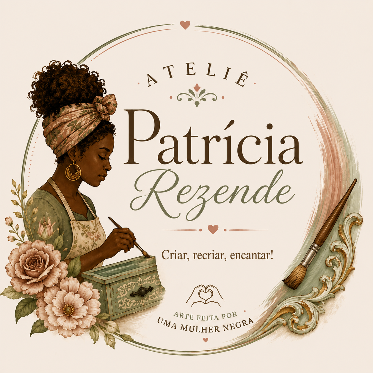 Logo do Ateliê Patrícia Rezende com flores, pincel e peça artesanal
